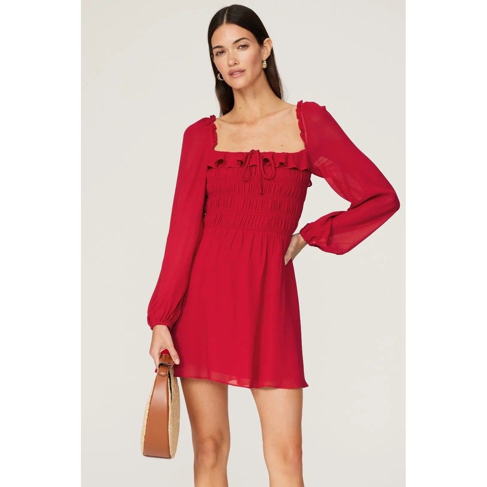 NWT Reformation | Morris Dress 6 Cherry Red Smocked Ruffle Mini Long Sleeve
